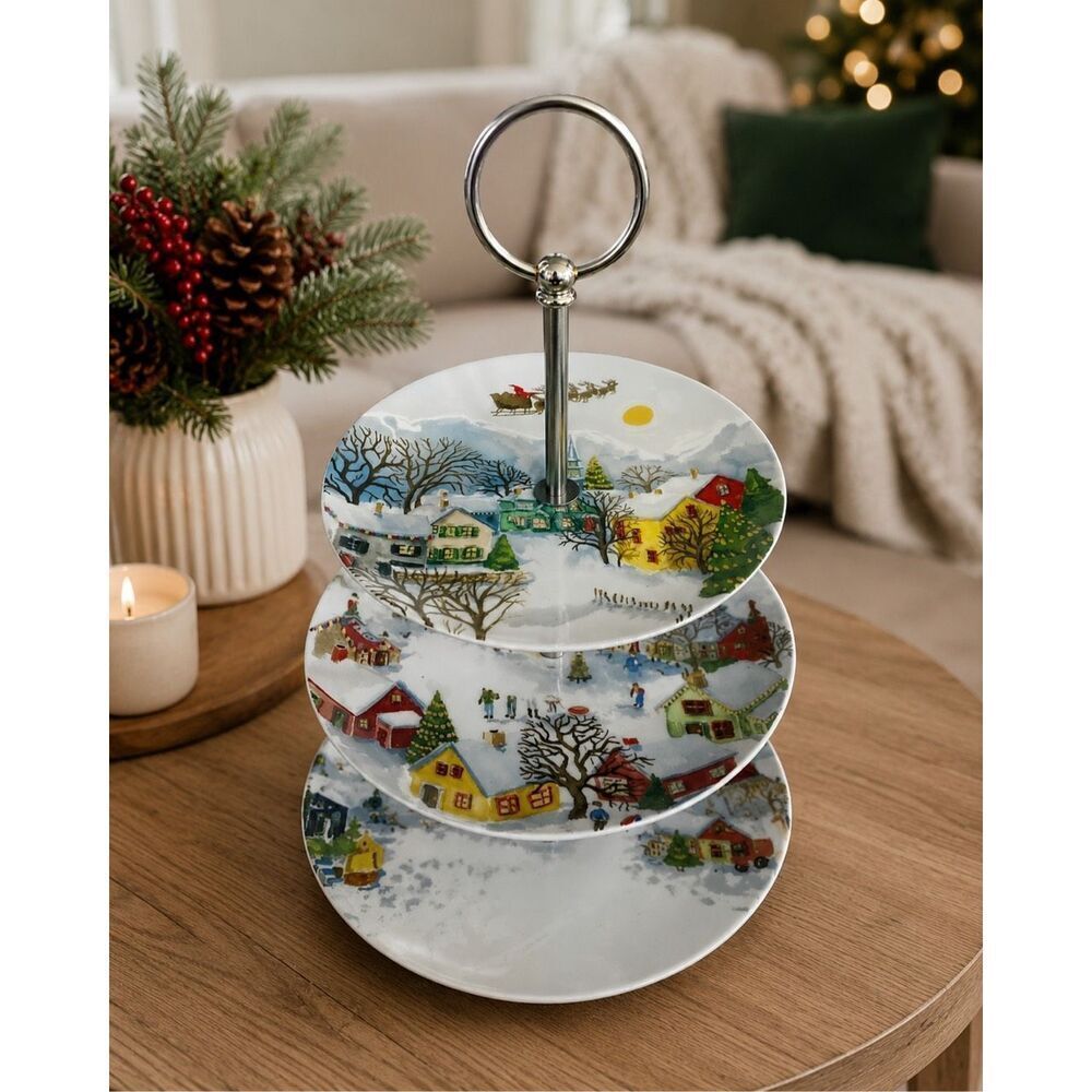 Pottery Barn Christmas Winter Village 3 Tier Tidbit Server Tray Cake Stand